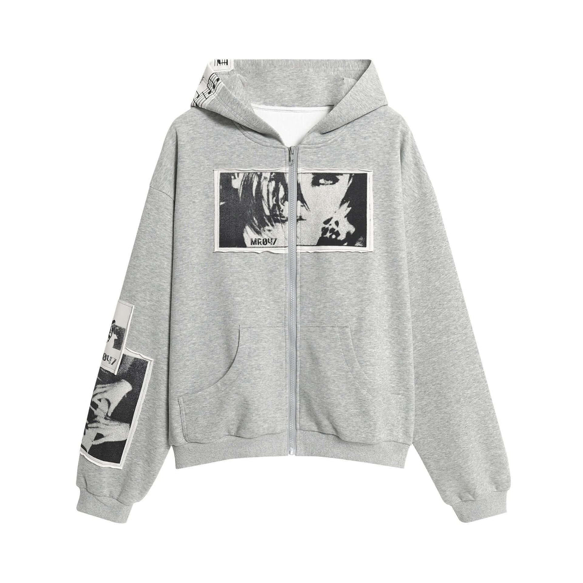 Retro Portrait Print Patch Hooded Zip-Up — image 4