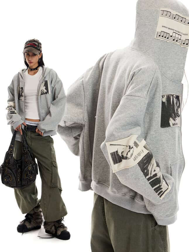 Retro Portrait Print Patch Hooded Zip-Up — image 3