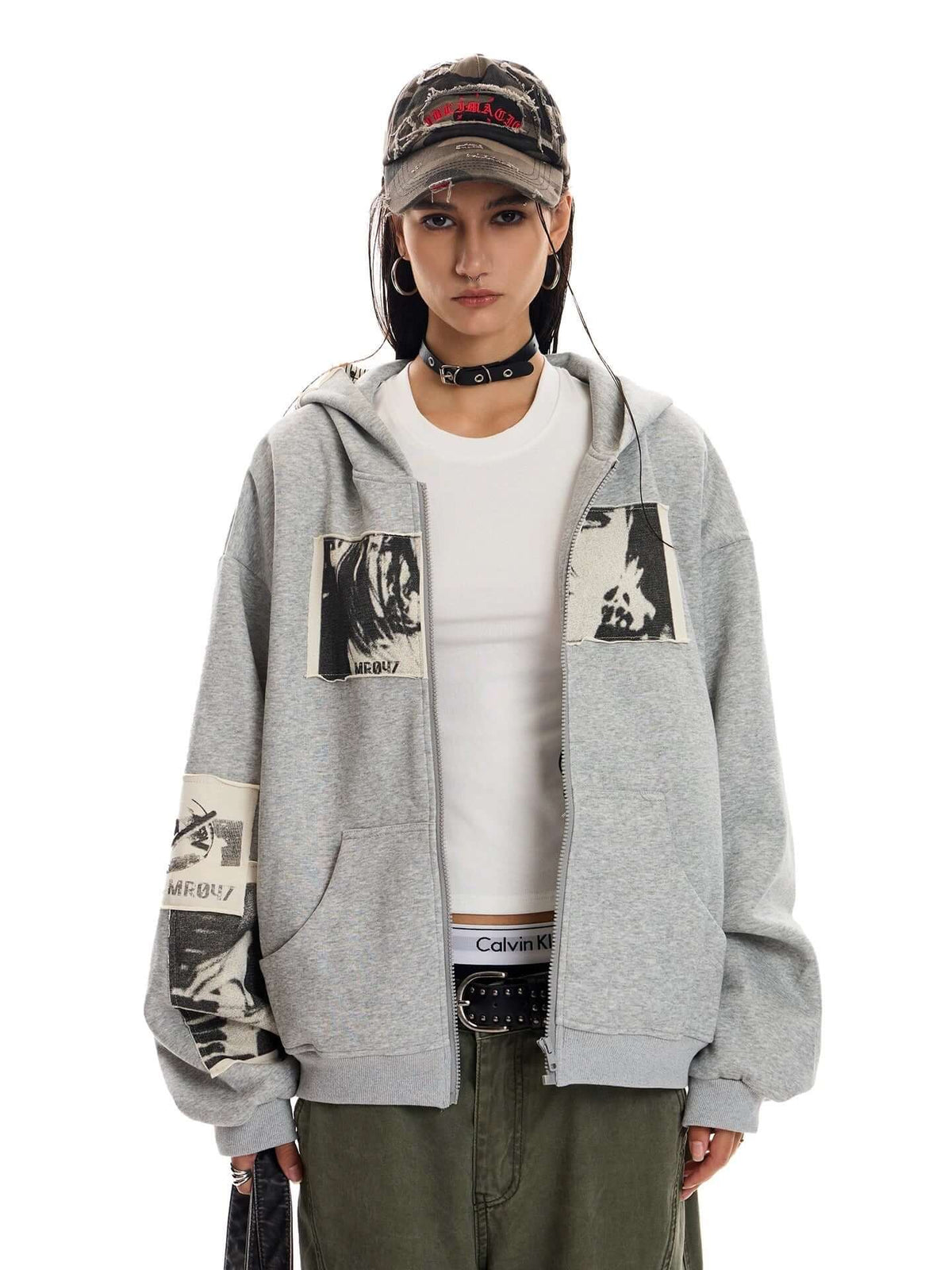 Retro Portrait Print Patch Hooded Zip-Up — image 1