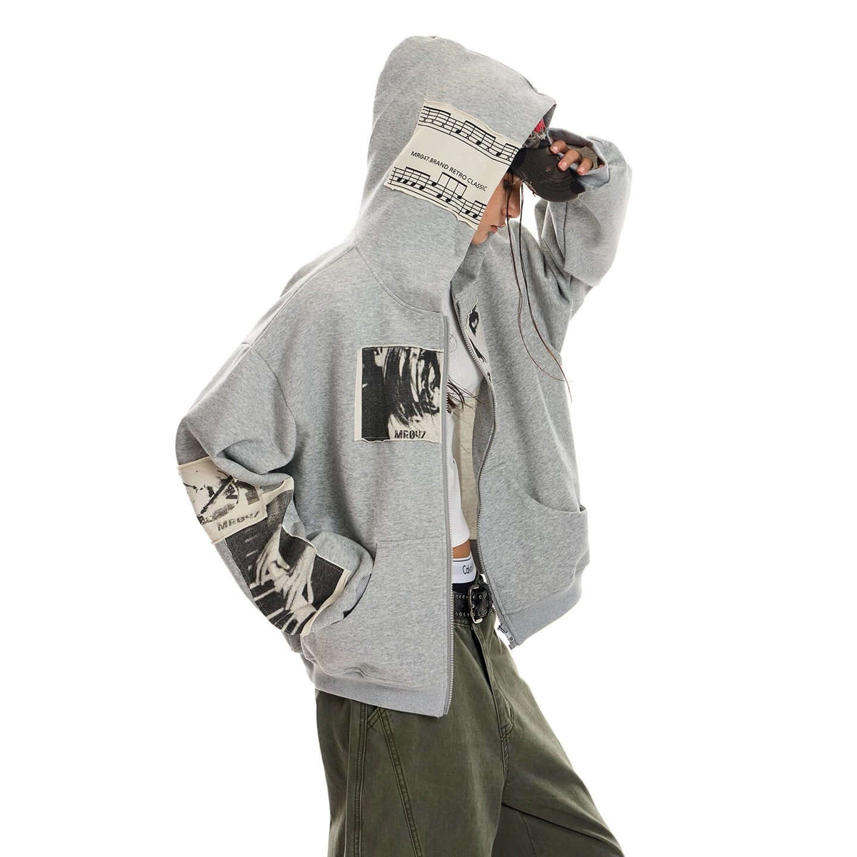 Retro Portrait Print Patch Hooded Zip-Up — image 2