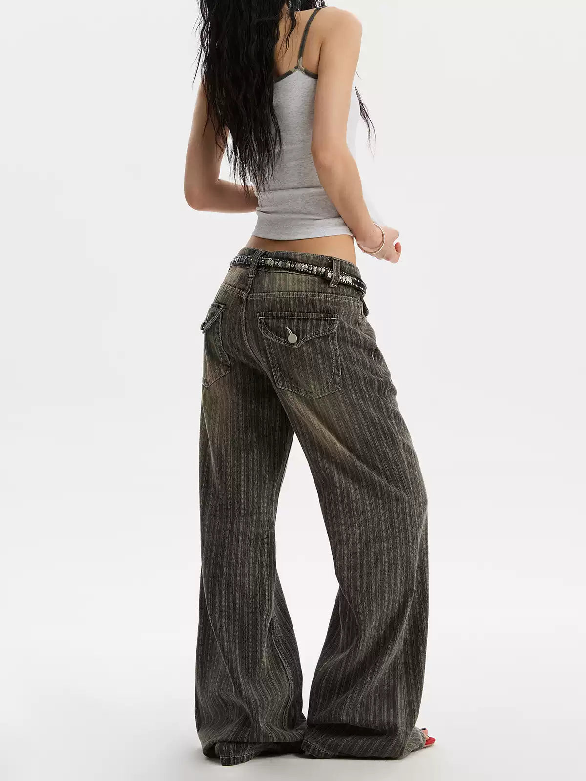 Retro Washed Vertical Stripes Distressed Jeans — image 2