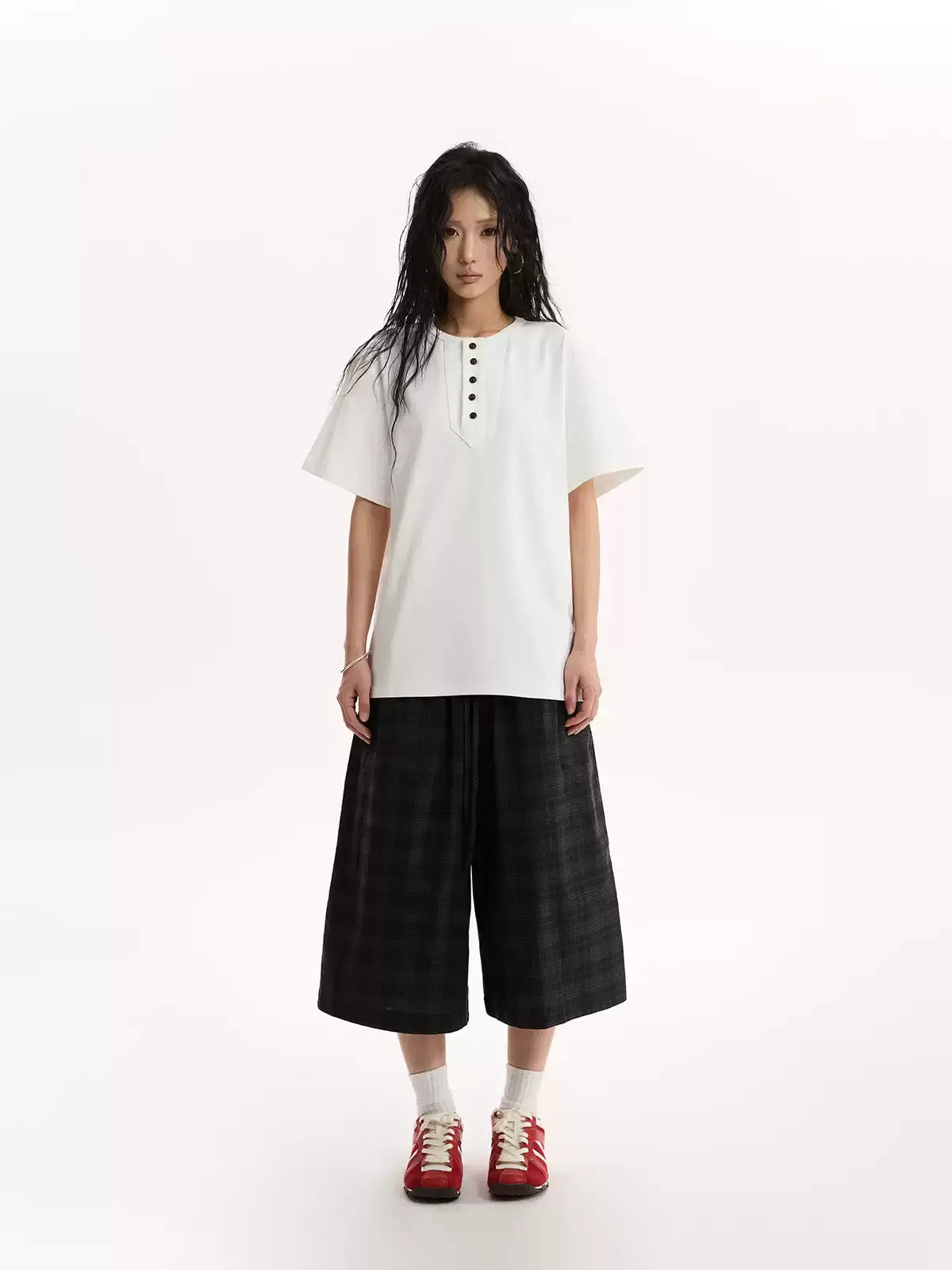 Lazy Plaid Elastic Waist Wide Leg Cropped Pants — image 2