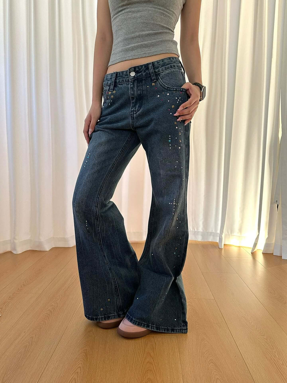 Vintage Rivet Rhinestone Flared Jeans — image 2