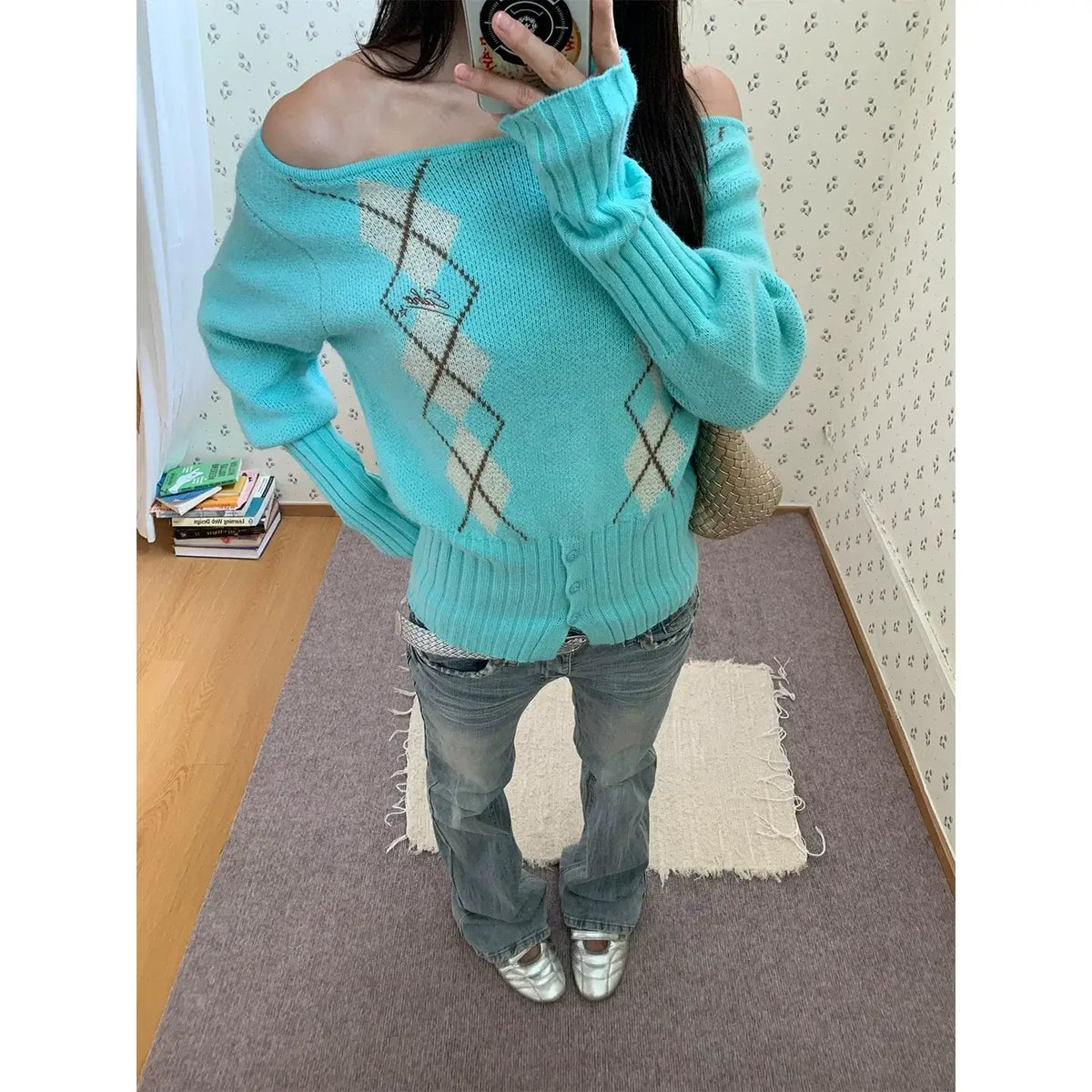 Asymmetric Argyle Knit Sweater — image 3