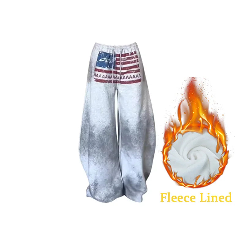 ReddaChic American Flag Baggy Pants Women Y2K Joggers Harajuku Gray Wide Leg Parachute Loose Training Hip Pop Dance Sweatpants