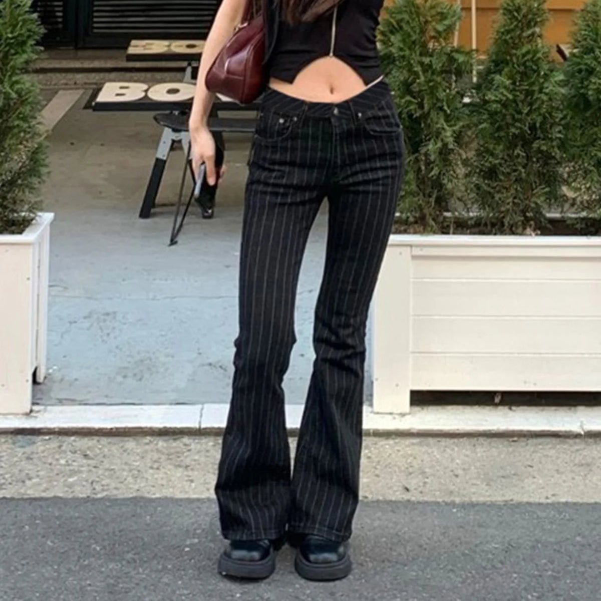 Black Striped Low-Rise Bootcut Jeans