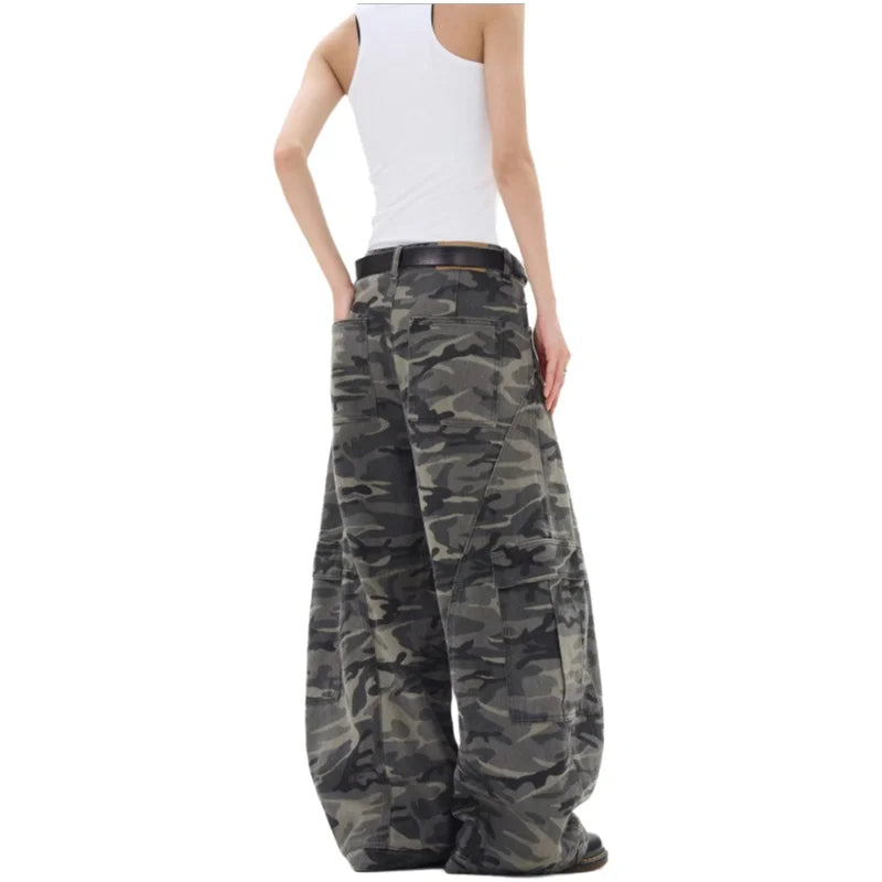 Retro American Camouflage Wide Leg Workwear Pants High Waist Straight Cut Long Trousers Men Women Trendy Street Style Jeans