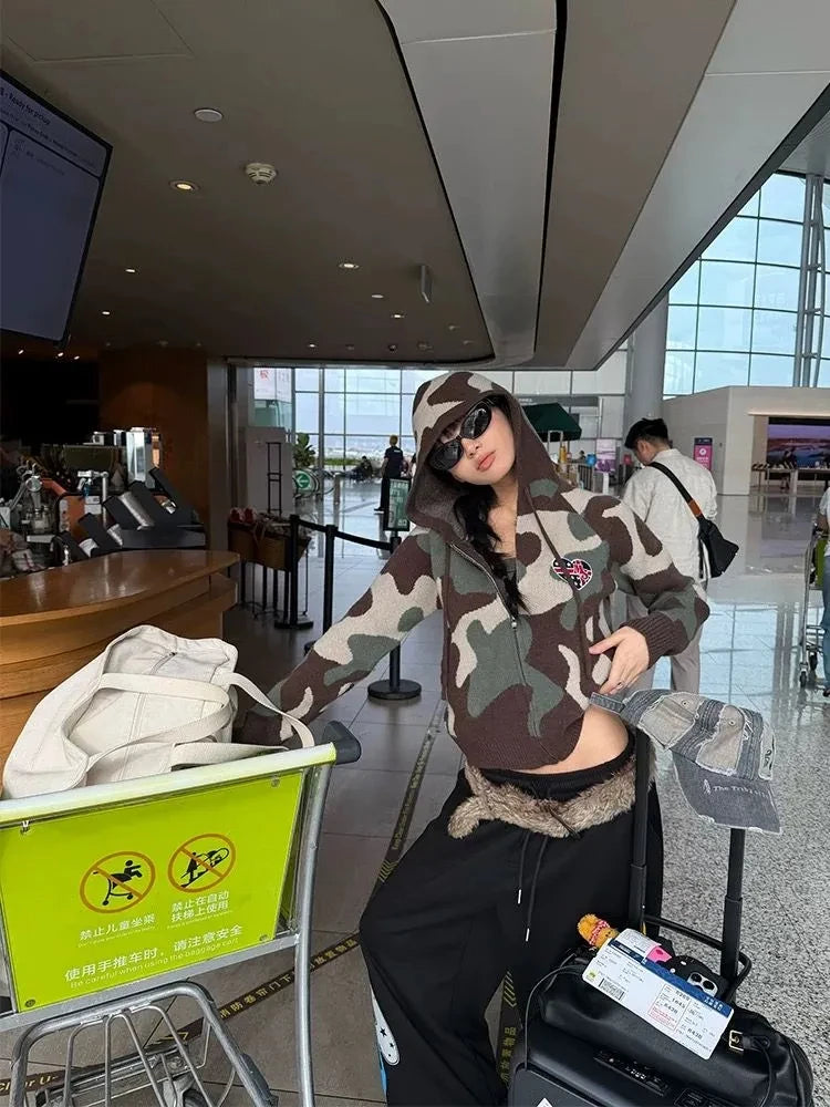 Camo Love Embroidered Cropped Cardigan