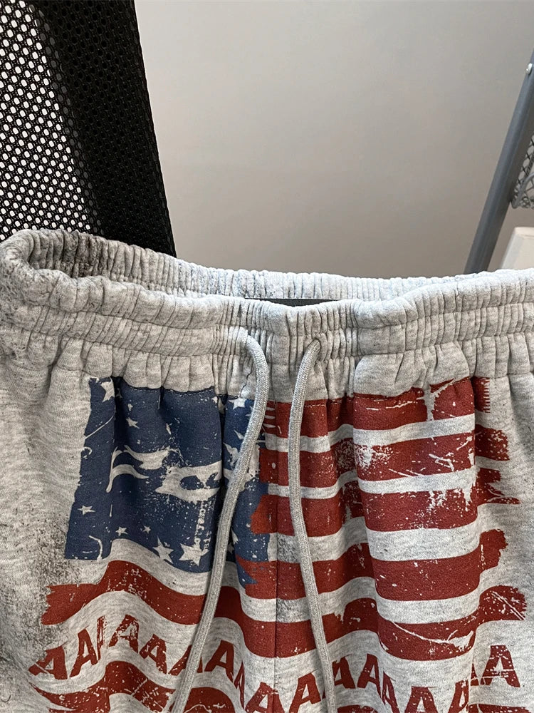 ReddaChic American Flag Baggy Pants Women Y2K Joggers Harajuku Gray Wide Leg Parachute Loose Training Hip Pop Dance Sweatpants