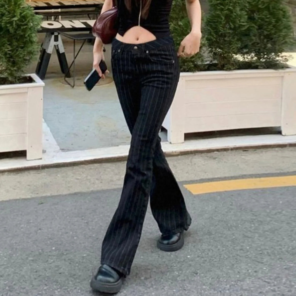 Black Striped Low-Rise Bootcut Jeans