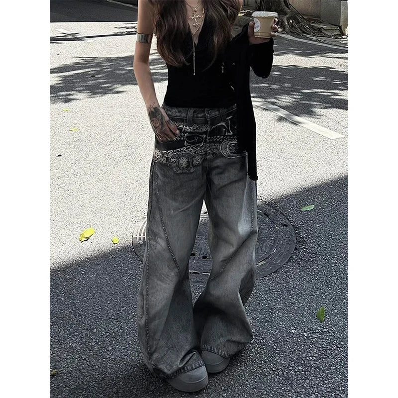 American Vintage Hip-hop High Waist Print Jeans Pants