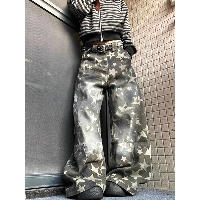Grey Star Print Bent Knife Jeans