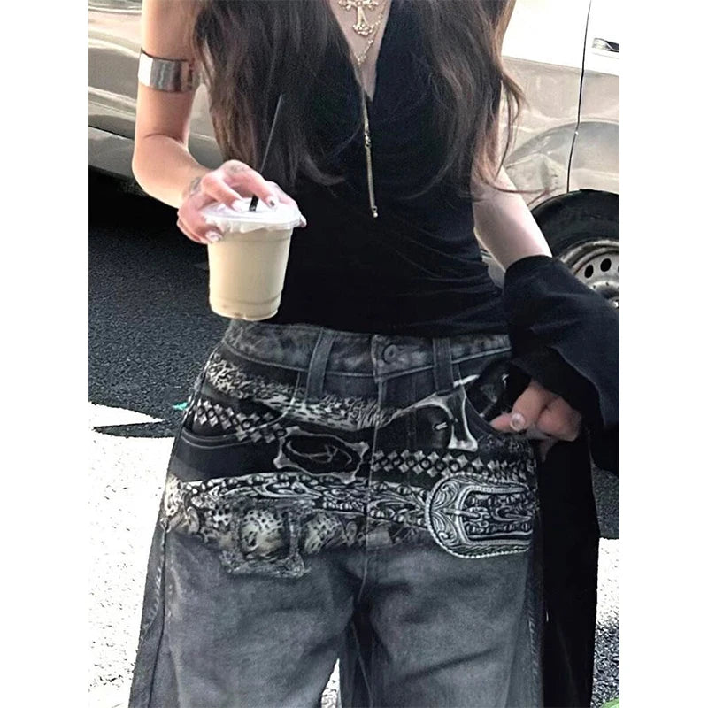 American Vintage Hip-hop High Waist Print Jeans Pants