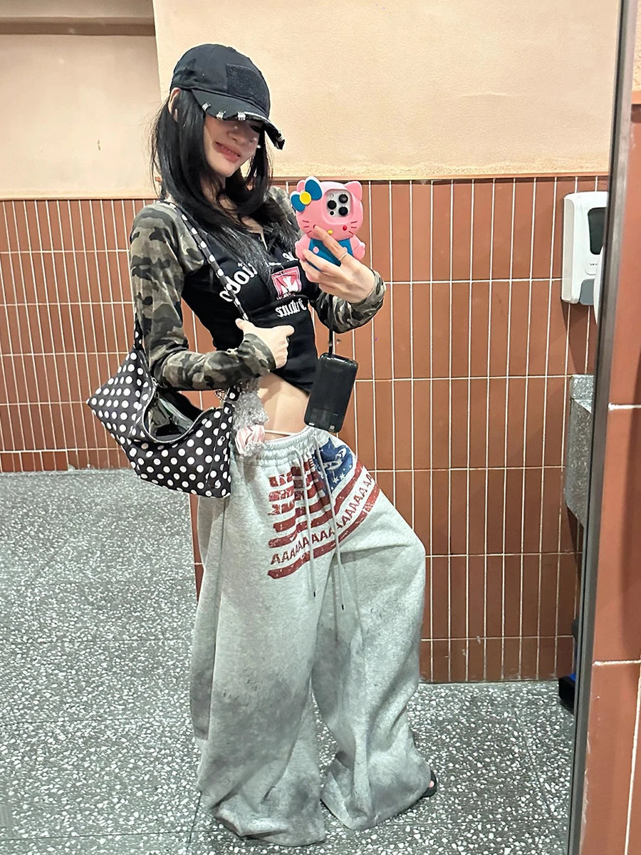 ReddaChic American Flag Baggy Pants Women Y2K Joggers Harajuku Gray Wide Leg Parachute Loose Training Hip Pop Dance Sweatpants