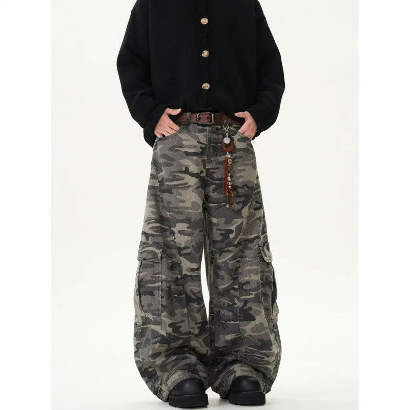 Retro American Camouflage Wide Leg Workwear Pants High Waist Straight Cut Long Trousers Men Women Trendy Street Style Jeans