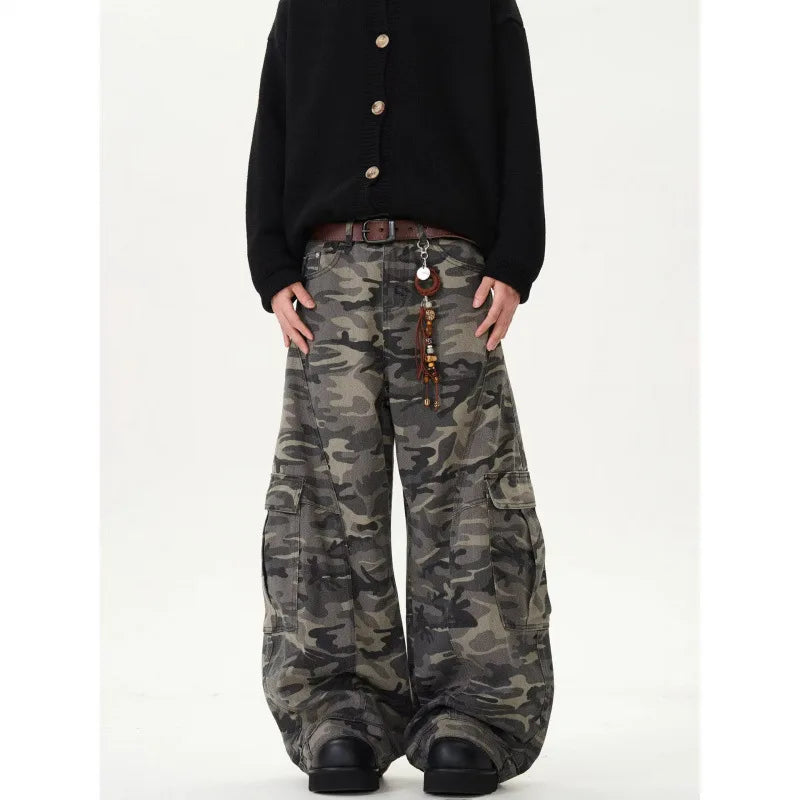 Retro American Camouflage Wide Leg Workwear Pants High Waist Straight Cut Long Trousers Men Women Trendy Street Style Jeans