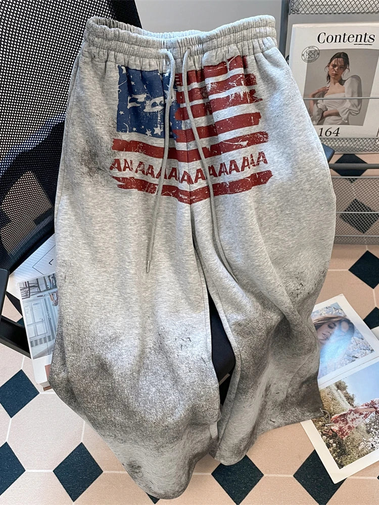 ReddaChic American Flag Baggy Pants Women Y2K Joggers Harajuku Gray Wide Leg Parachute Loose Training Hip Pop Dance Sweatpants