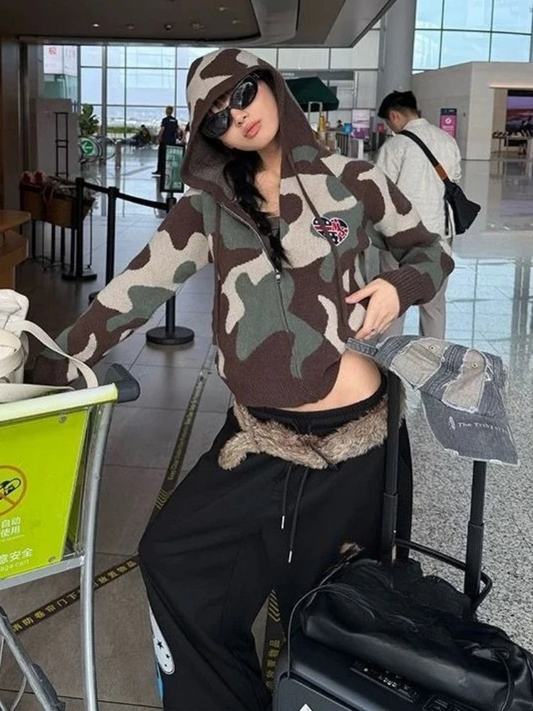 Camo Love Embroidered Cropped Cardigan