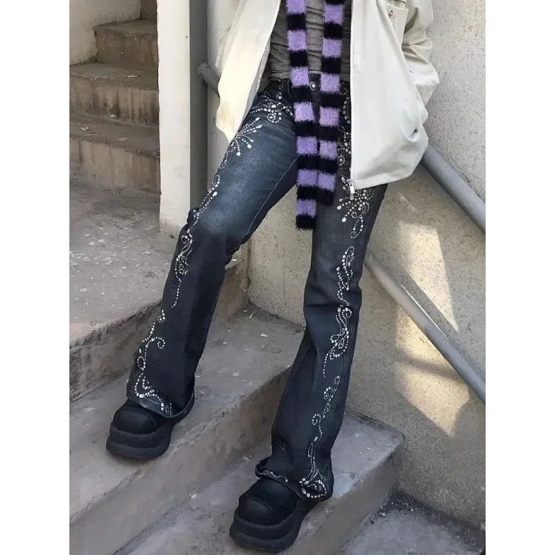Deeptown Printed Grunge Flare Jeans