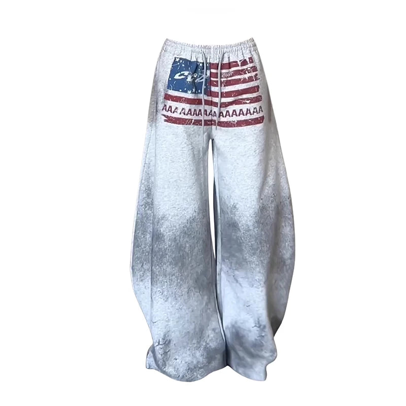 ReddaChic American Flag Baggy Pants Women Y2K Joggers Harajuku Gray Wide Leg Parachute Loose Training Hip Pop Dance Sweatpants