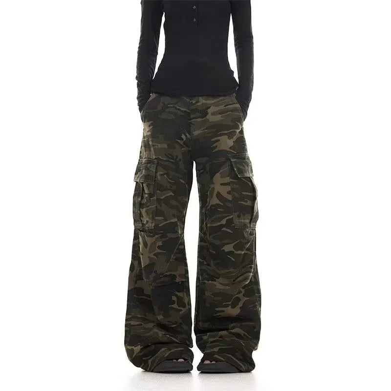 American retro washed design camouflage work pants for men and women, loose straight leg multi pocket wide leg casual paratroope