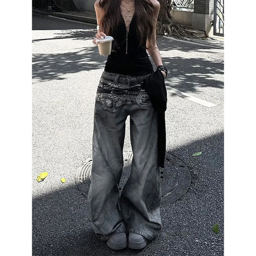 American Vintage Hip-hop High Waist Print Jeans Pants