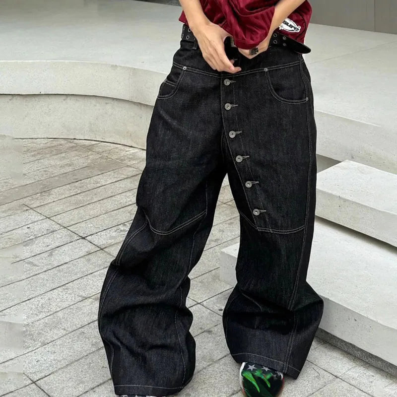 Korean High Street Buckle Curved Jeans Autumn Men'S Loose Straight Leg Pants Black Wide Leg Pants Casual Pants Hip-Hop Pants product detail