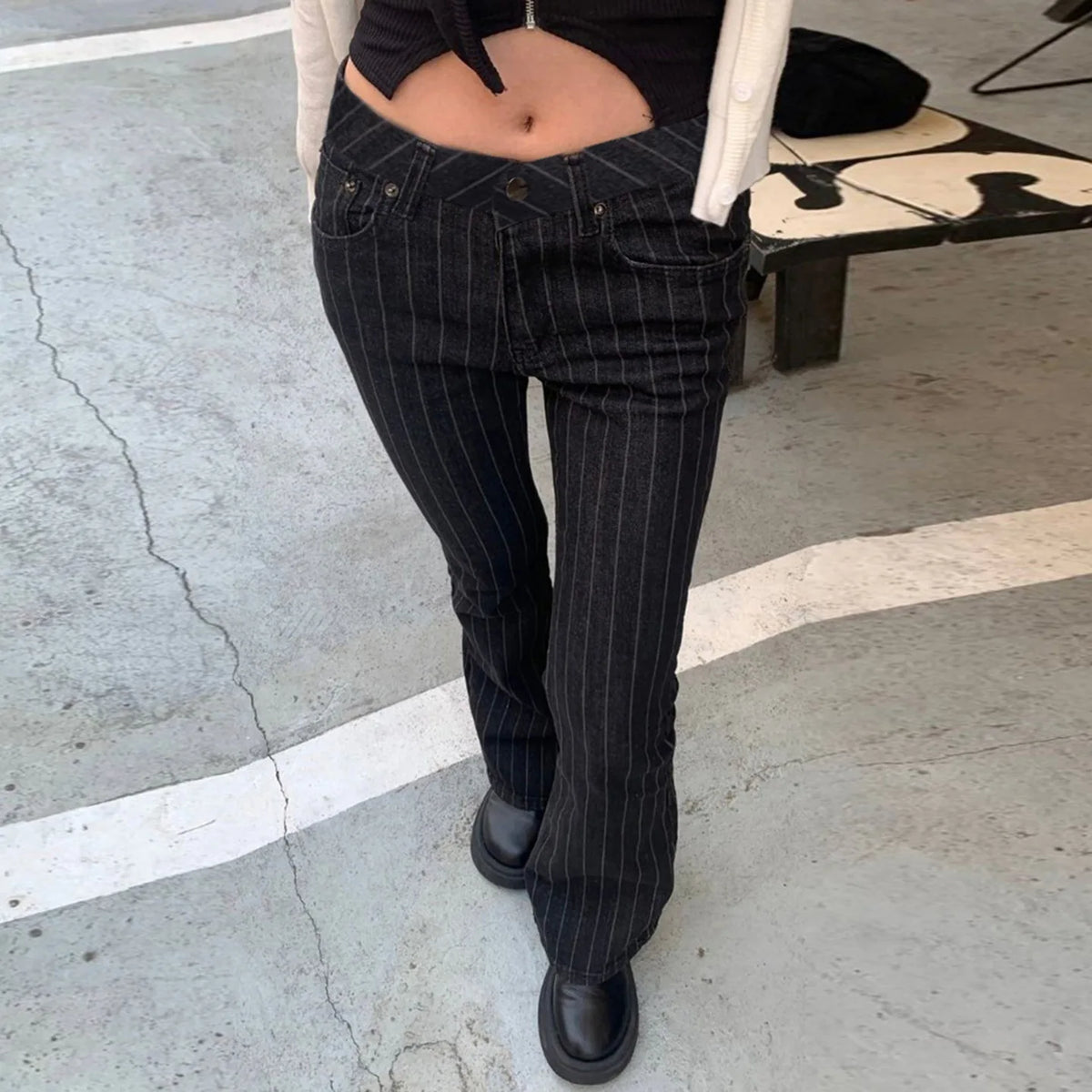 Black Striped Low-Rise Bootcut Jeans