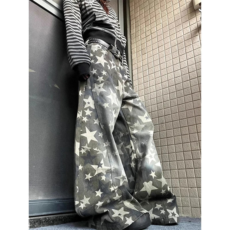 Grey Star Print Bent Knife Jeans