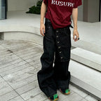 Korean High Street Buckle Curved Jeans Autumn Men'S Loose Straight Leg Pants Black Wide Leg Pants Casual Pants Hip-Hop Pants