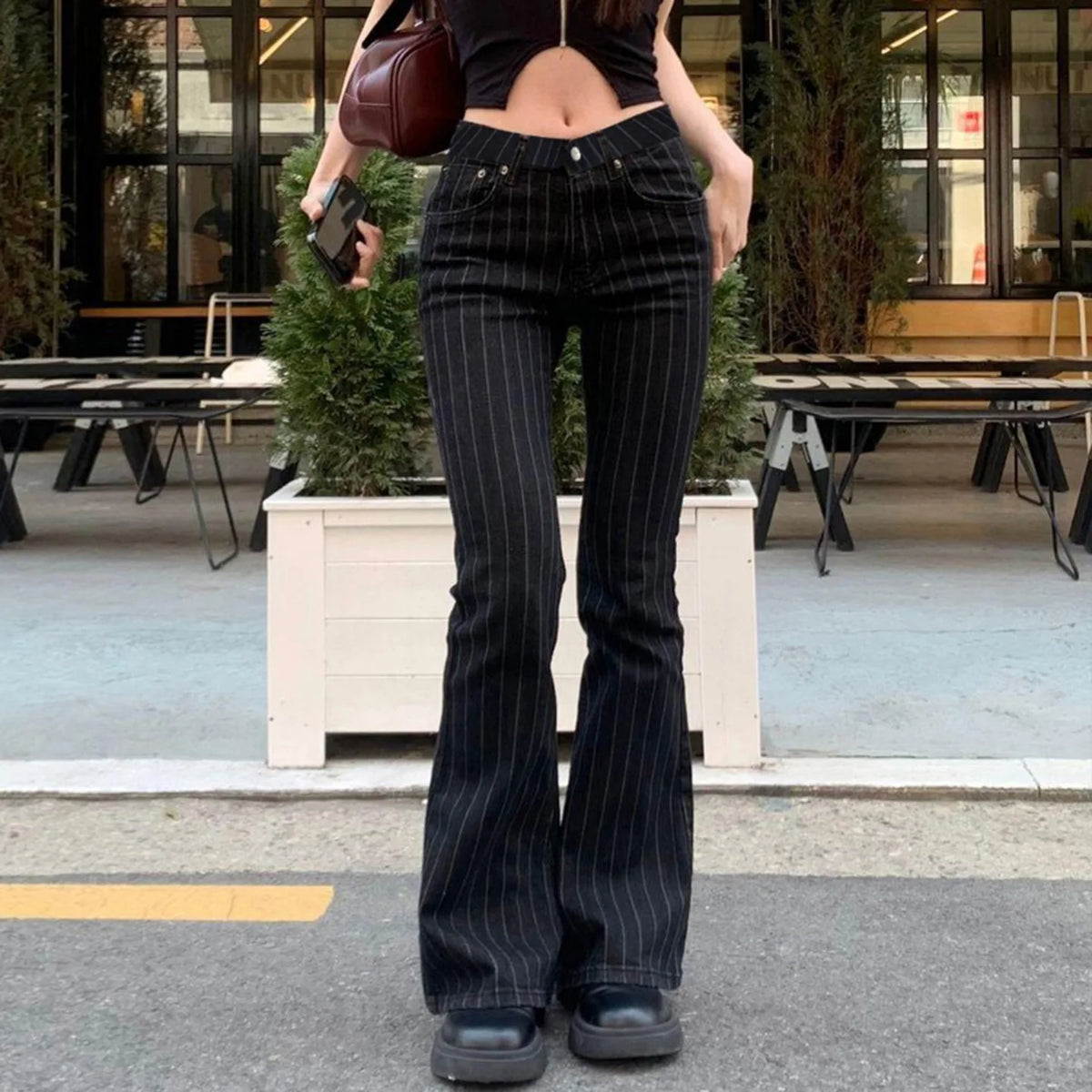 Black Striped Low-Rise Bootcut Jeans