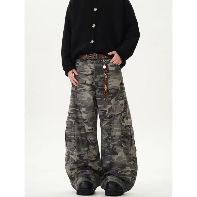 Retro American Camouflage Wide Leg Workwear Pants High Waist Straight Cut Long Trousers Men Women Trendy Street Style Jeans