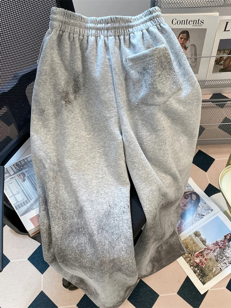 ReddaChic American Flag Baggy Pants Women Y2K Joggers Harajuku Gray Wide Leg Parachute Loose Training Hip Pop Dance Sweatpants