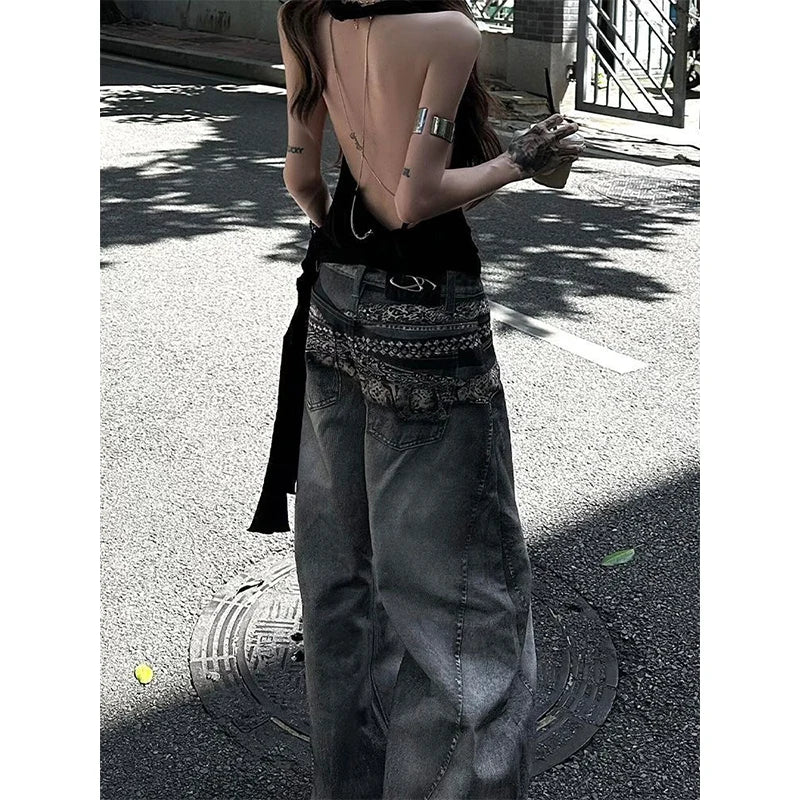 American Vintage Hip-hop High Waist Print Jeans Pants