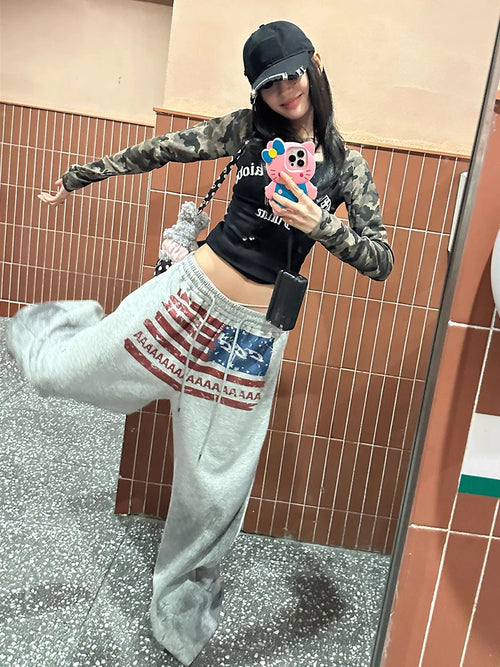 ReddaChic American Flag Baggy Pants Women Y2K Joggers Harajuku Gray Wide Leg Parachute Loose Training Hip Pop Dance Sweatpants