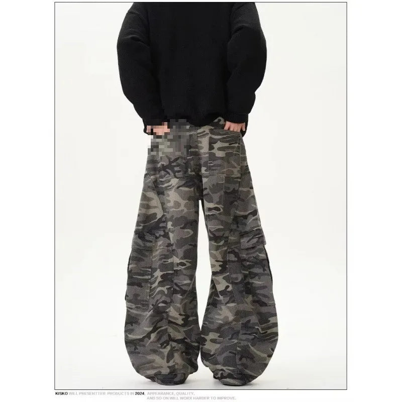 Retro American Camouflage Wide Leg Workwear Pants High Waist Straight Cut Long Trousers Men Women Trendy Street Style Jeans