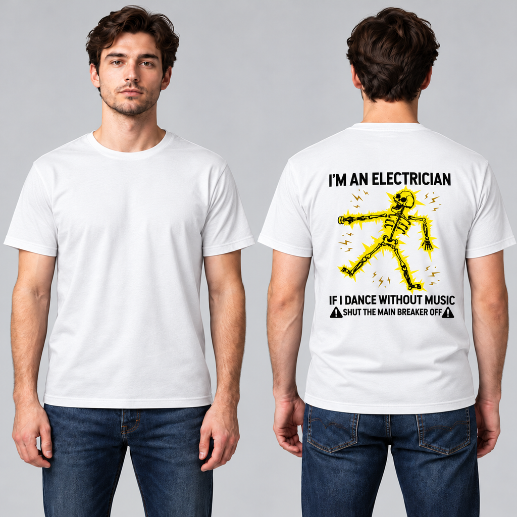 White T-shirt front and back: plain front and electrician skeleton back print