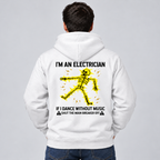 White hoodie, back view: I'm An Electrician dancing skeleton design