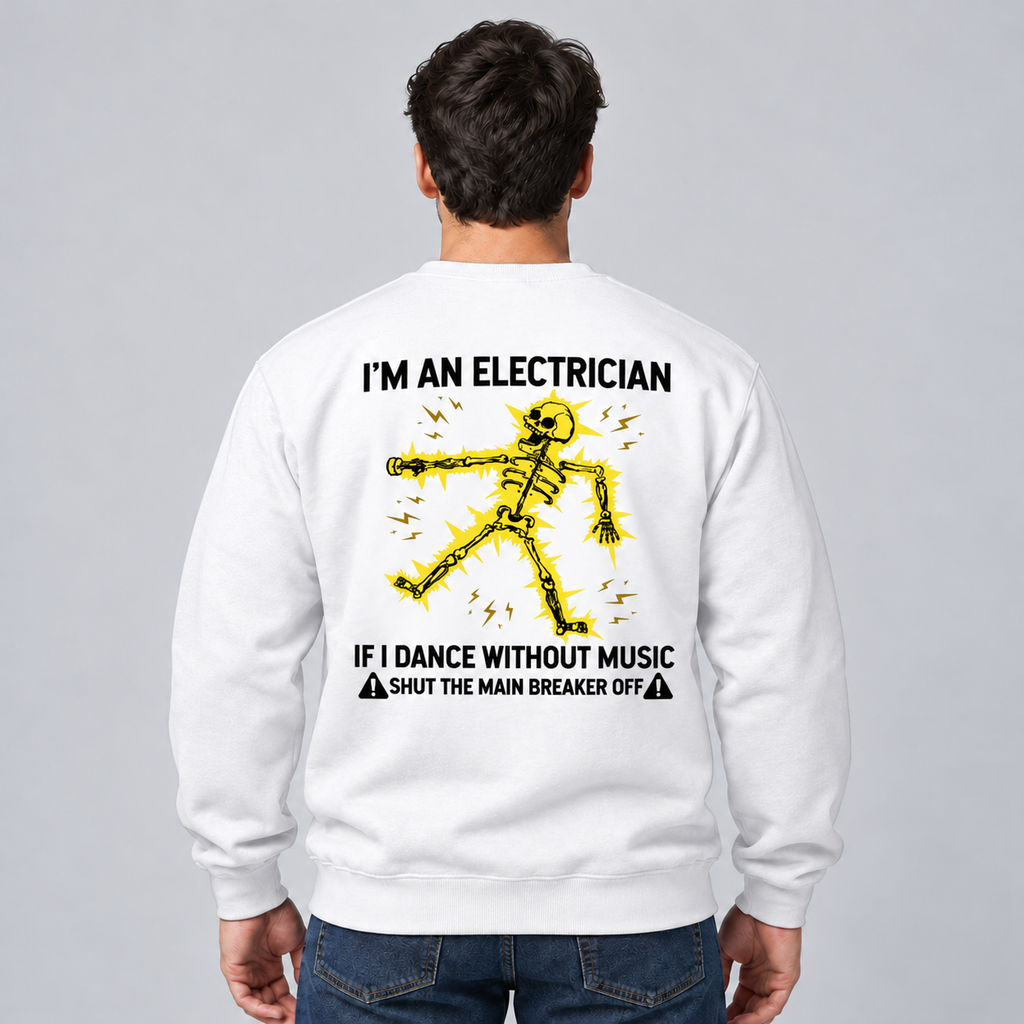 White crewneck sweatshirt, back view: electrician skeleton design