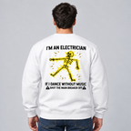 White crewneck sweatshirt, back view: electrician skeleton design