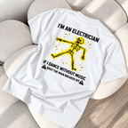 White T-shirt lying back side up on cream sofa: electrician skeleton design