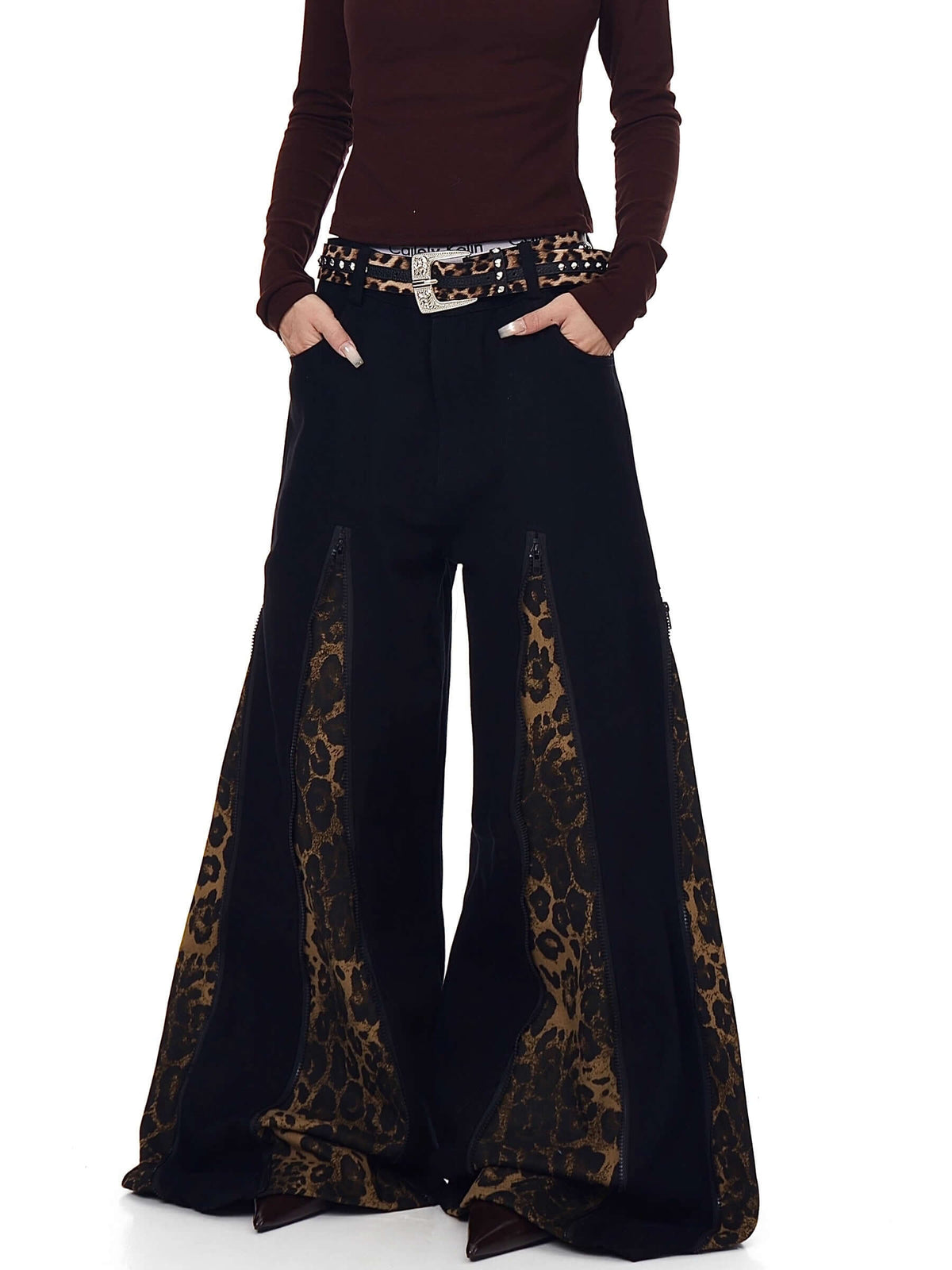 Leopard Zipper Patchwork Flared Wide-Leg Jeans — image 4