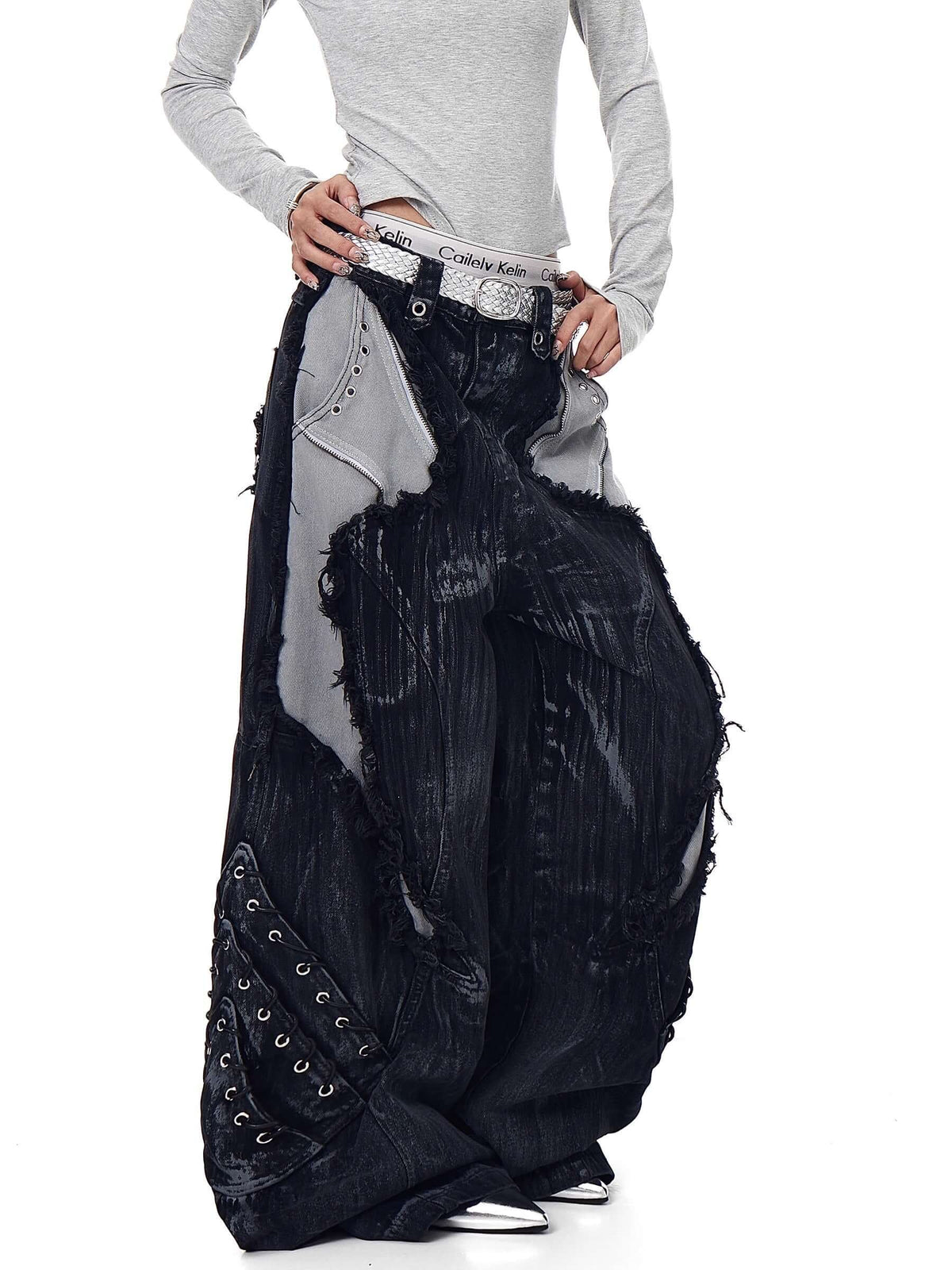 High-Street Patchwork Distressed Wide-Leg Jeans — image 5