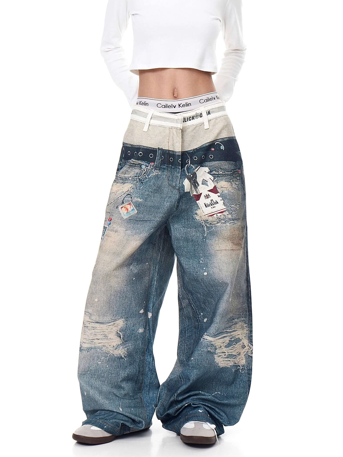 Retro 3D Print Double-Waist Straight-Leg Jeans — image 4