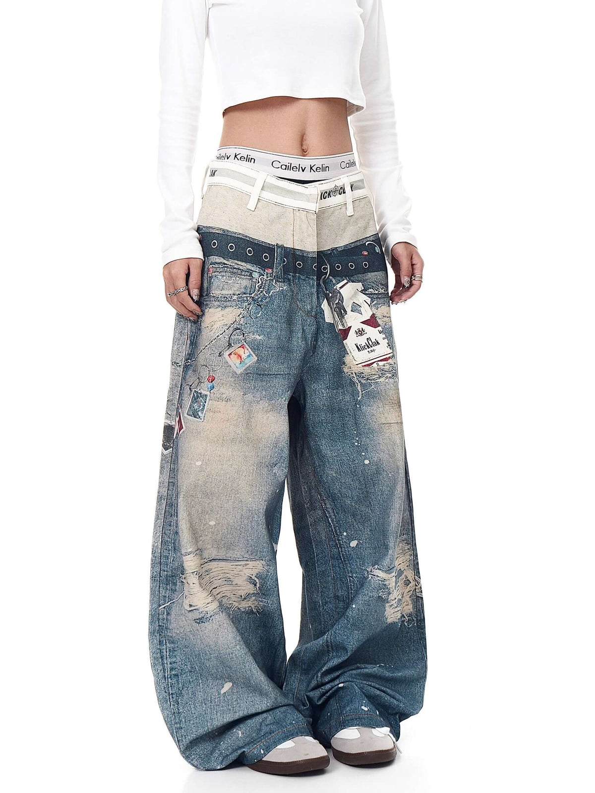 Retro 3D Print Double-Waist Straight-Leg Jeans — image 5