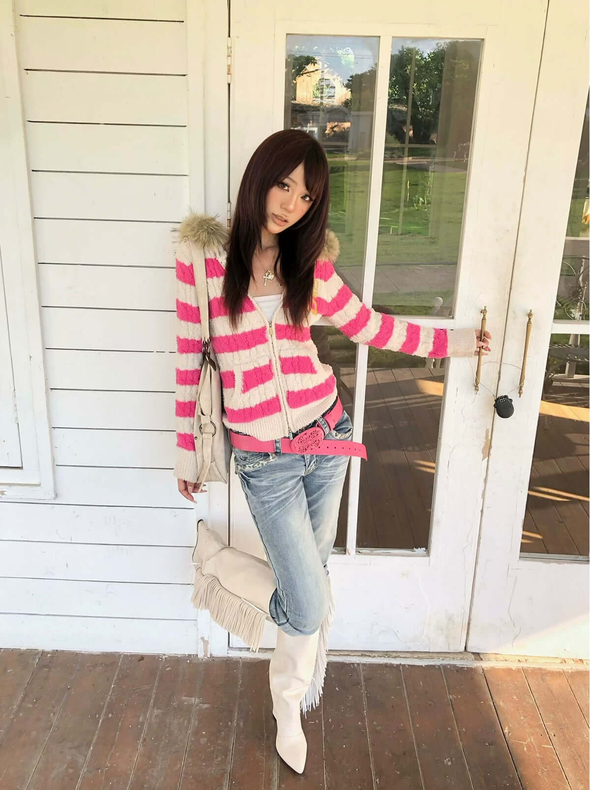 Colorblock Fur-Collar Knit Hoodie — image 3