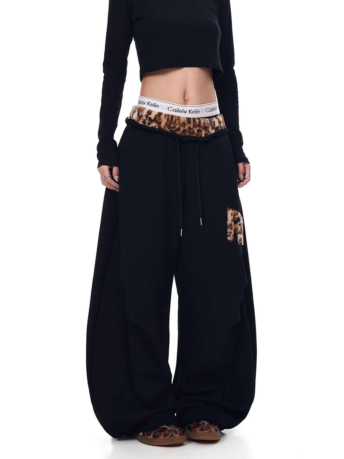 Retro Leopard Patchwork Wide-Leg Sweatpants — image 3