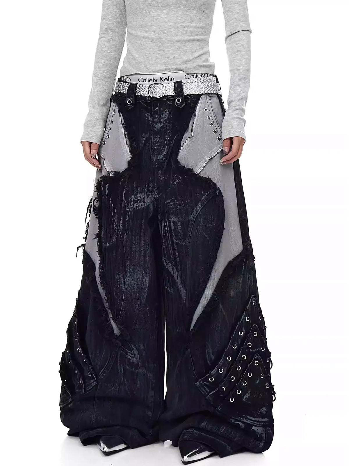High-Street Patchwork Distressed Wide-Leg Jeans — image 1