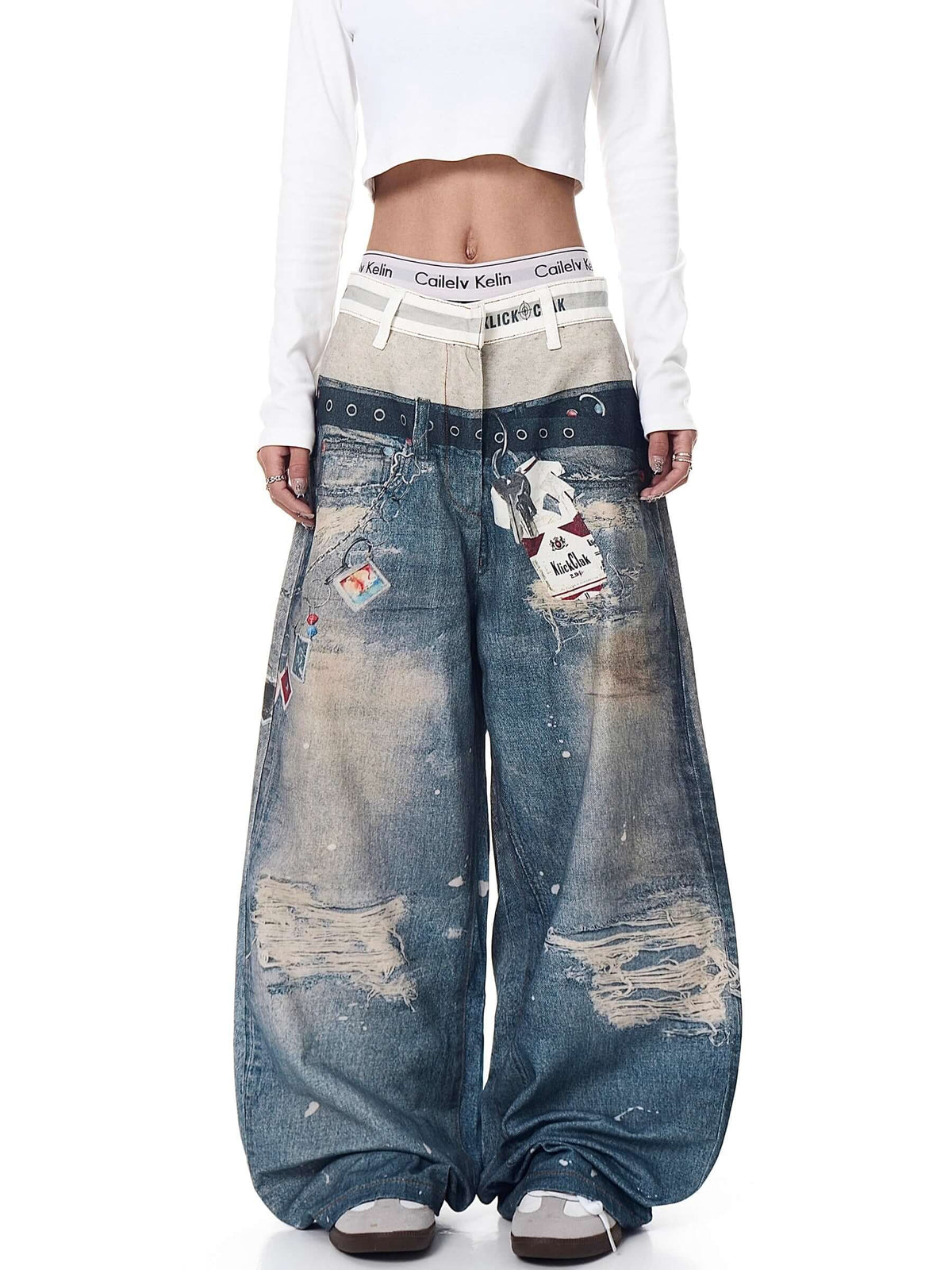 Retro 3D Print Double-Waist Straight-Leg Jeans — image 1