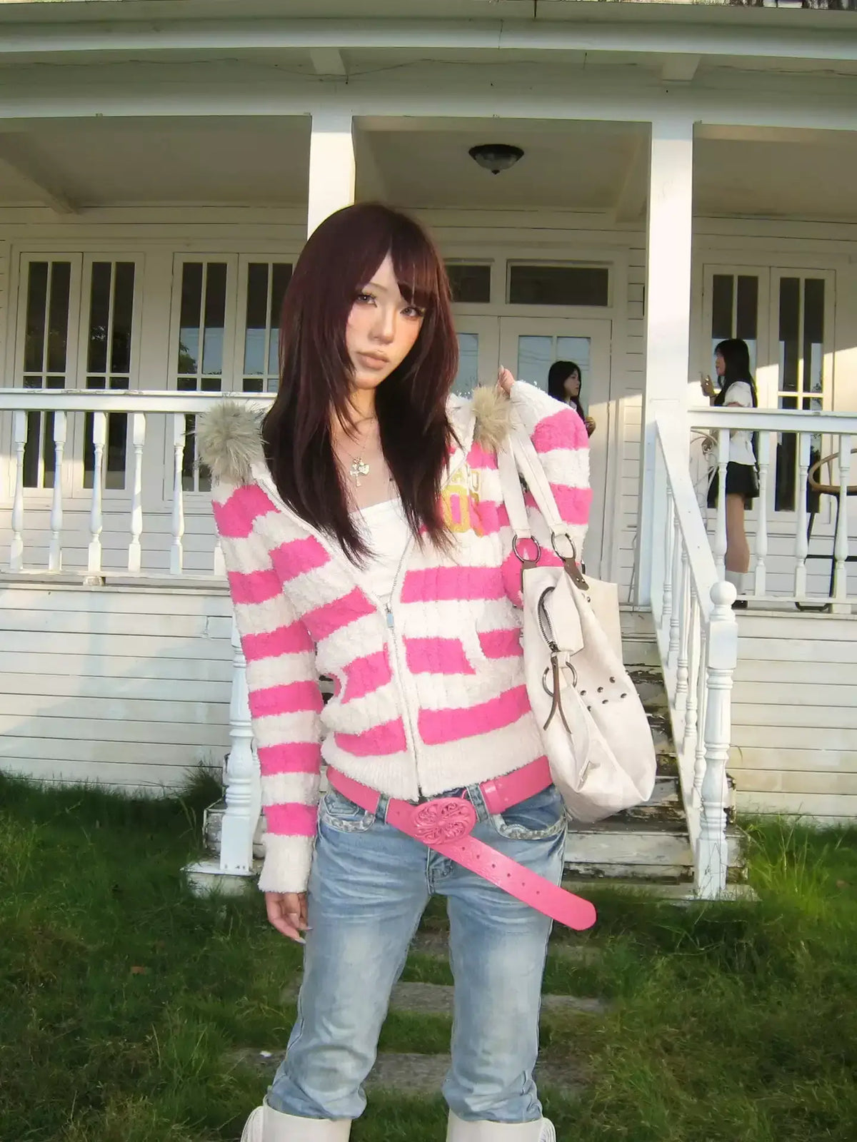 Colorblock Fur-Collar Knit Hoodie — image 5